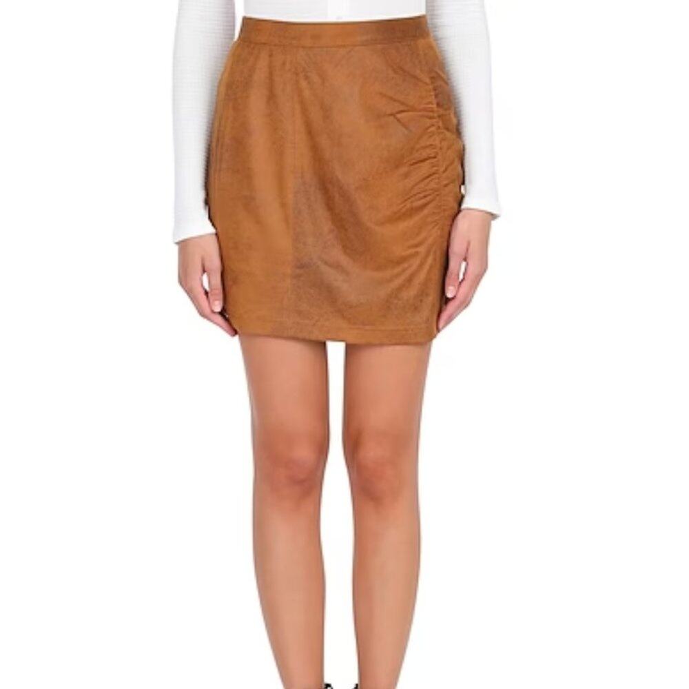 Free People Rumi Ruched Mini Skirt Camel Faux Leather Size Large